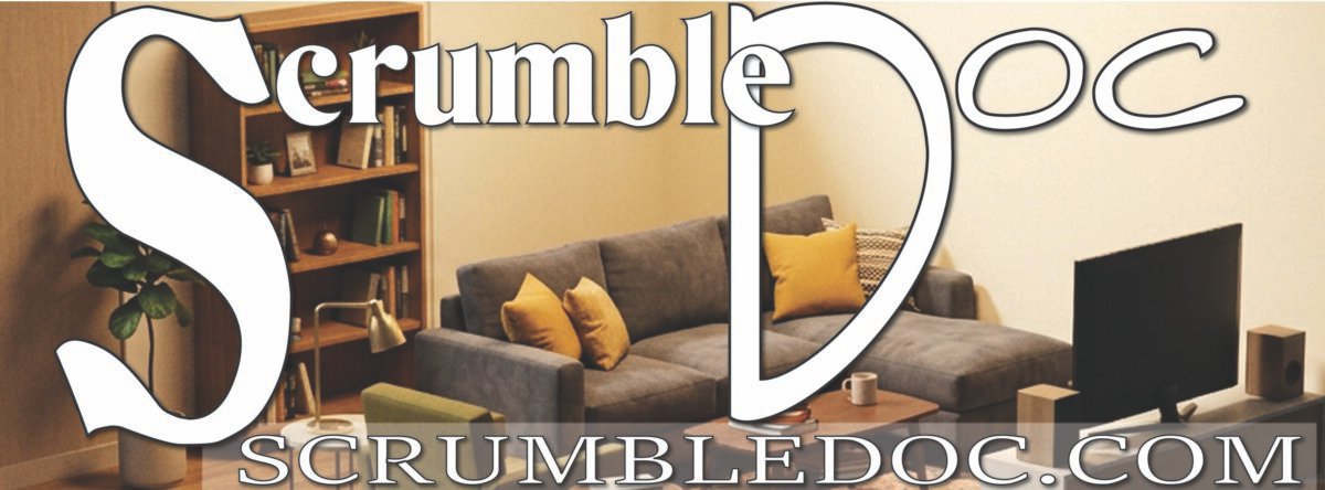 The words Scrumble and Doc superimposed over an apartment living room