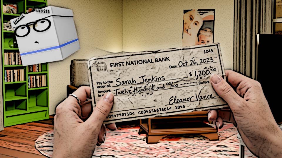 A cel-shaded render of Alexa's hands holding a wrinkled paper check for twelve hundred dollars handwritten in erasable ink with several erasures in the Scrumble apartment while Doc looks on