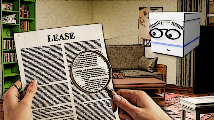 A cel-shaded illustration of Alexa's hands holding a magnifying glass over a comically densely worded lease in the Scrumble apartment while Doc looks on