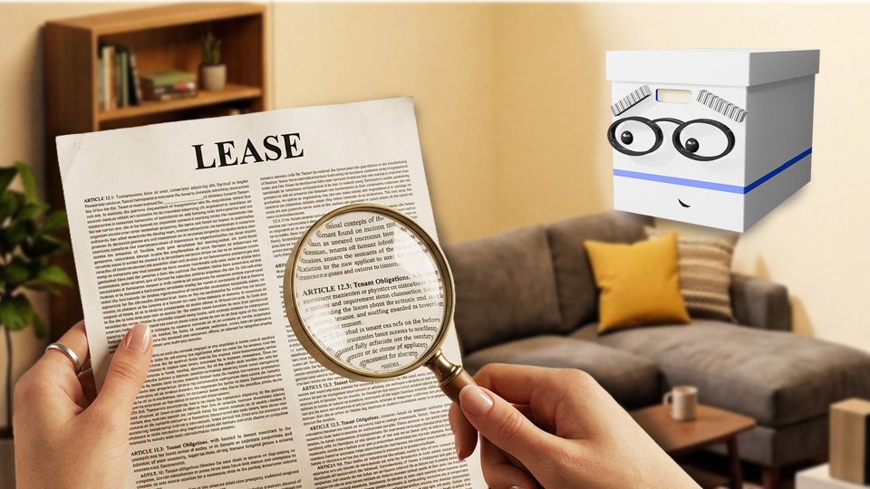 A 3D render of a comically densely worded document with the word "LEASE" at the top, held in a woman's left hand being examined under a magnifying glass held in her right hand in the Scrumble apartment while Doc looks on, by John D Reinhart