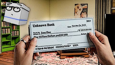 A cel-shaded illustration of Alexa's hands holding a paper check for one million dollars drawn on a bank called "Unknown Bank" and with an ABA routing number "I have no idea" in the Scrumble apartment while Doc looks on