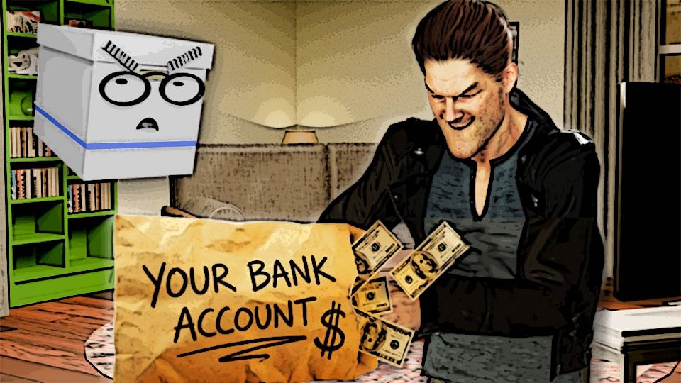 A cel-shaded illustration of a nasty-looking thief with his hands in a manila envelope labeled "Your Bank Account" in the Scrumble apartment while Doc looks on