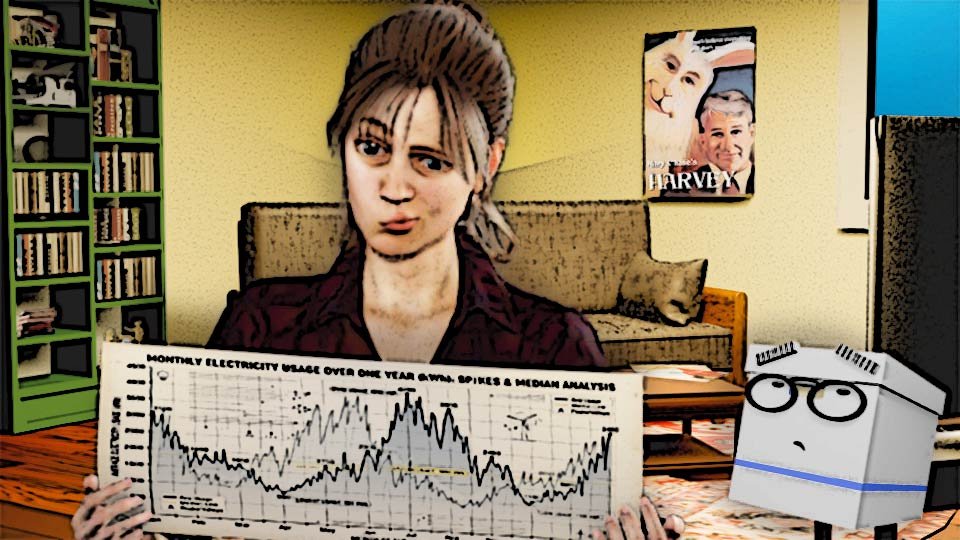 A cel-shaded illustration of Alexa holding a terrifically complex chart of a year's worth of electrical data in the Scrumble apartment while Doc looks on