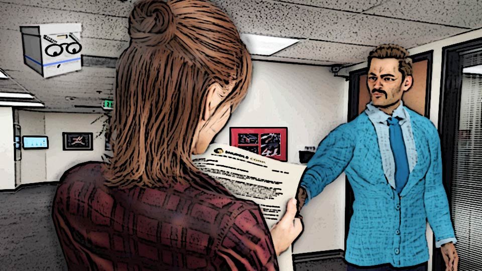 A cel-shaded illustration of Alexa reading a densely-worded employment offer while her future boss sneers impatiently and Doc looks on