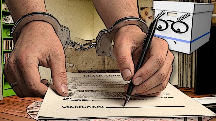 A cel-shaded illustration of a pair of handcuffed hands attempting to sign a lease, at the bottom of which we can clearly see the words "CO-SIGNER" in the Scrumble apartment while Doc looks on