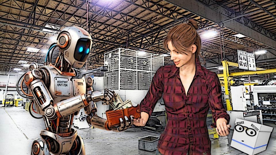 A cel-shaded illustration of a robot putting money into a Alexa's wallet while she looks on in amazement on the floor of a factory while Doc looks on