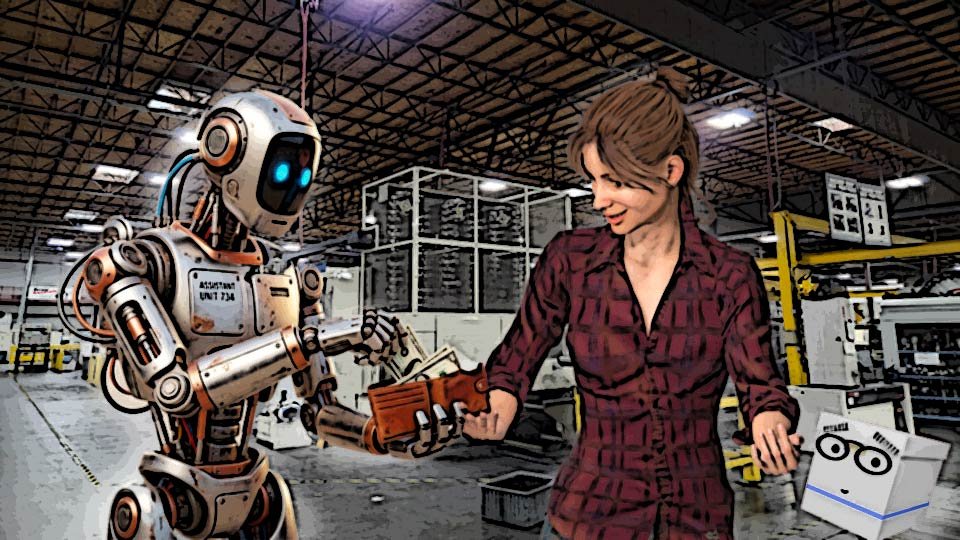 A cel-shaded illustration of a robot putting money into a Alexa's wallet while she looks on in amazement on the floor of a factory while Doc looks on