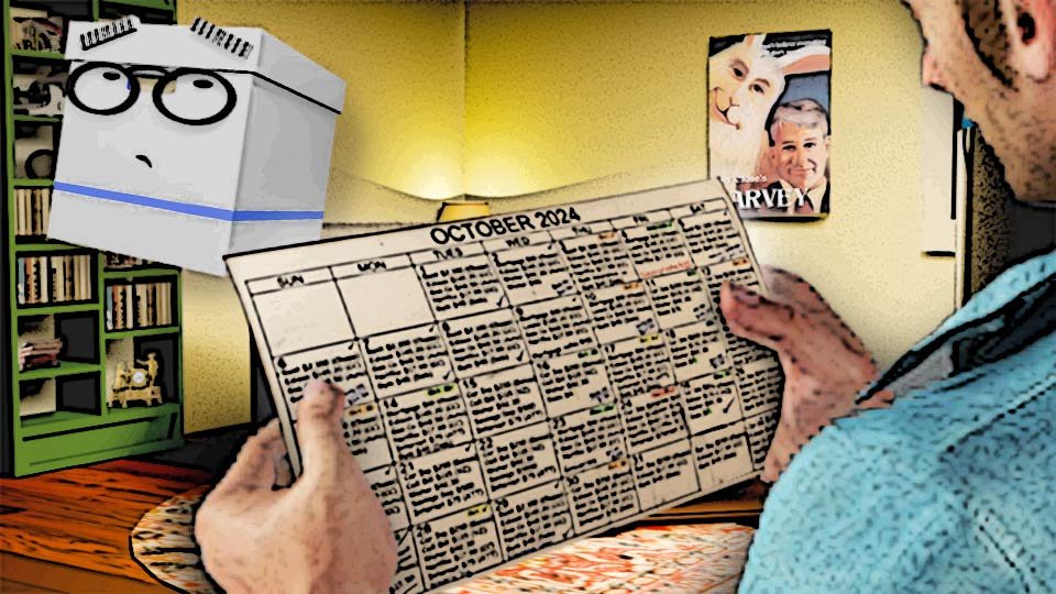A cel-shaded illustration of Marty Newdoc's hands holding an incredibly complex monthly calendar filled with different auto-pay events in the Scrumble apartment while Doc looks on