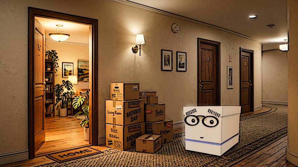 A cel-shaded illustration of an inside hallway with three doors visible - two are shut but light pours from the the third, which is open across the hall, with a cheerful pile of moving boxes outside in the Scrumble apartment building while Doc looks on