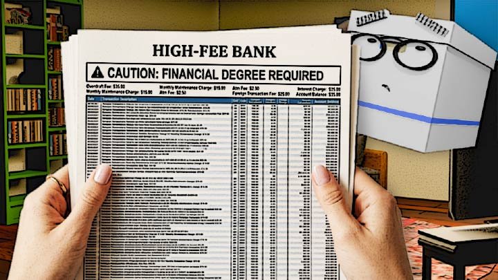 A cel-shaded illustration of Alexa's hands holding an impossibly complex bank statement with hundreds of entries and the name "High-Fee Bank" at the top and the words "Caution: Financial Degree Required" in the Scrumble apartment while Doc looks on