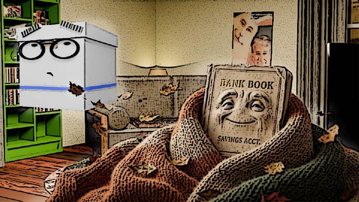 A cel-shaded illustration of a smiling old bank book wrapped in a cozy blanket as a wind blows leaves past him in the Scrumble apartment while Doc looks on