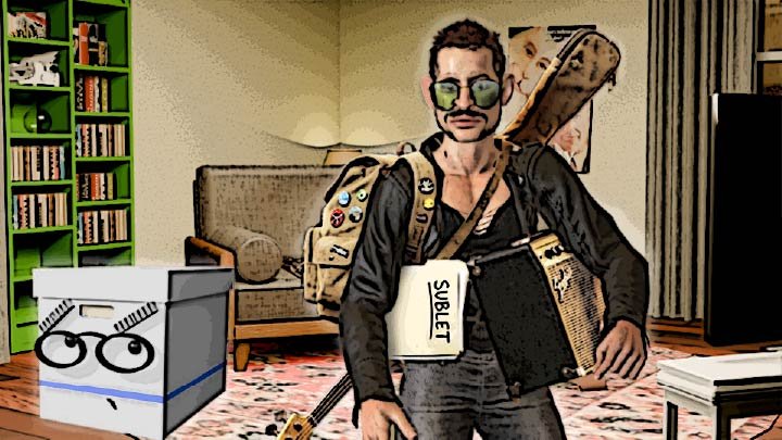 A cel-shaded illustration of a goofy looking guy with an electric guitar, and amplifier, and a folder that says "Sublet" standing in the Scrumble apartment while Doc looks on