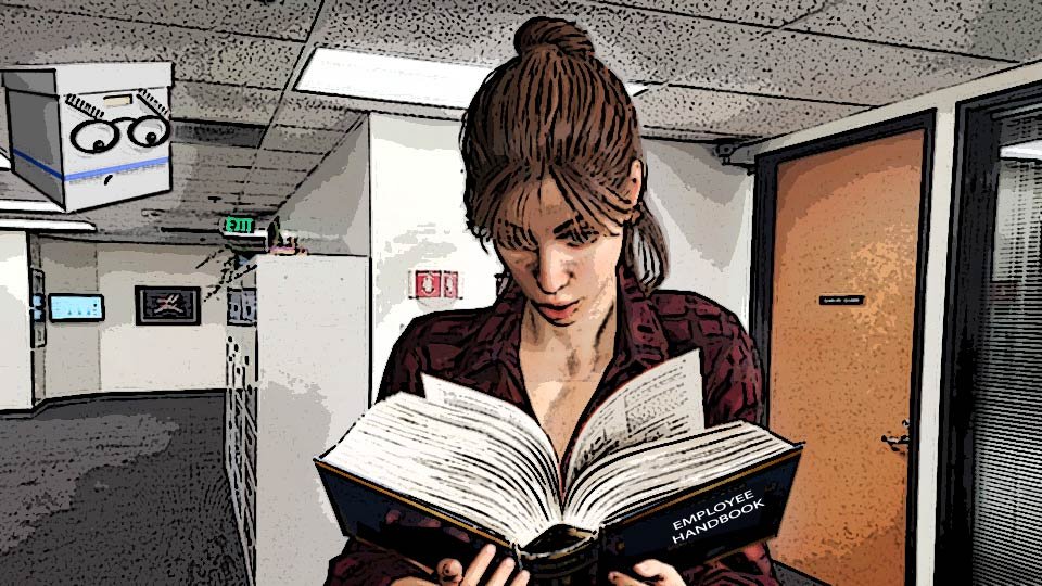 A cel-shaded scene of Alexa reading an impossibly thick employee manual in the Scrumble factory while Doc looks on, by John D Reinhart