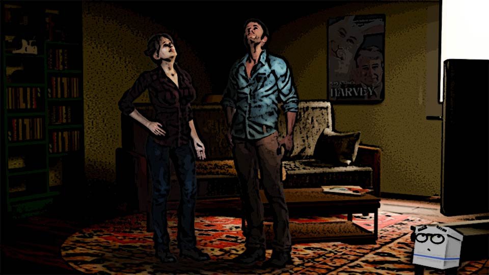 A cel-shaded illustration of roommates Alexa and Marty standing in the dark, staring at the ceiling light in the Scrumble apartment while Doc looks on