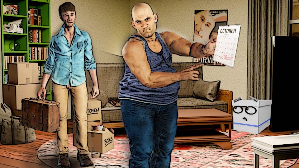A cel-shaded illustration of Marty Paperdud looking doleful standing among his packed possession, suitcase in hand while his landlord in the foreground points angrily at a calendar in the Scrumble apartment while Doc looks on