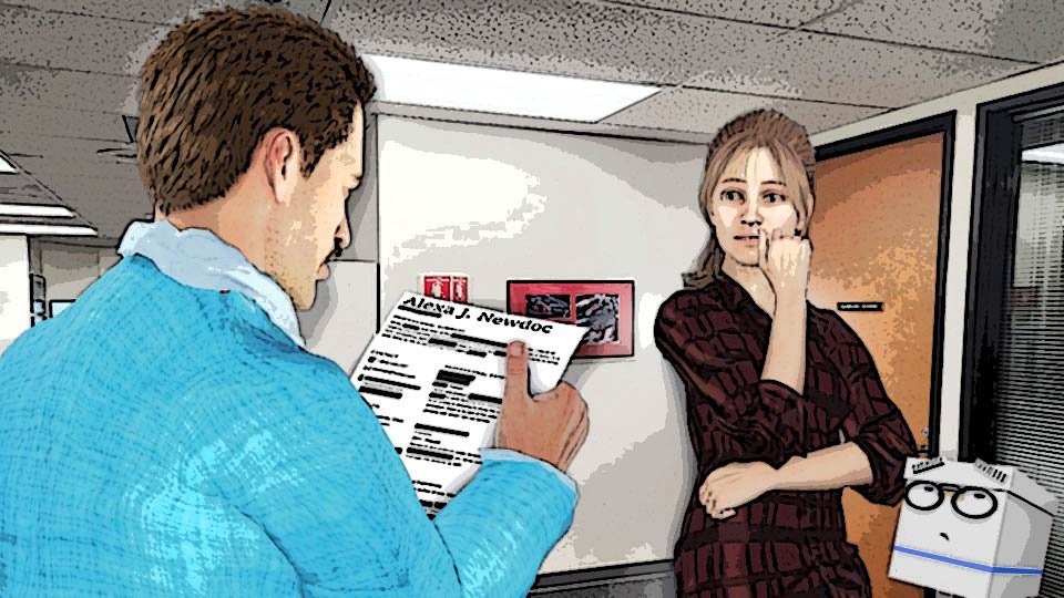 A cel-shaded scene showing Alexa watching nervously while her prospective employer reads her heavily redacted resume and Doc looks on, by John D Reinhart