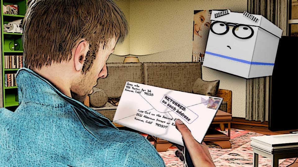 A cel-shaded illustration of Marty looking at a poorly addressed, returned letter in the Scrumble apartment while Doc looks on