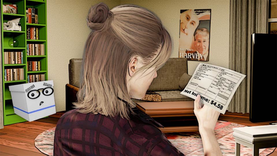 A cel-shaded scene of Alexa staring in dismay at a W-2 with a net income of $4.58 in the Scrumble apartment while Doc looks on