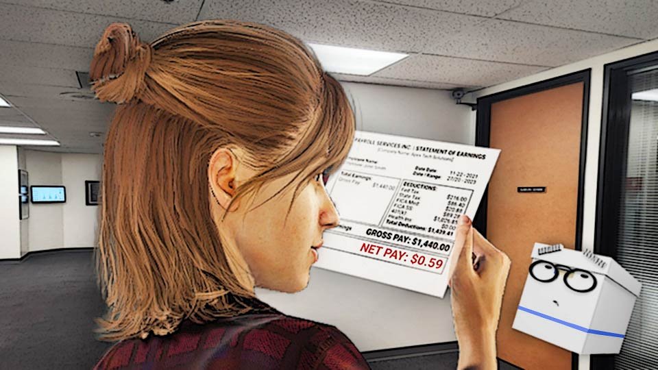A cel-shaded scene of Alexa in a hallway at work staring at a paystub showing she only made 59 cents while Doc looks on