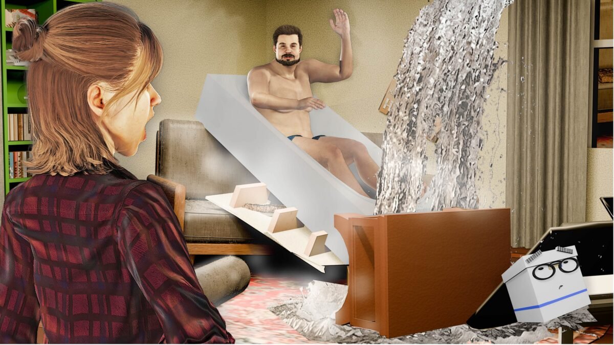 A cel-shaded scene of Alexa looking horrifed as Carl in his bathtub plummets into the Scrumble apartment living room while Doc looks on