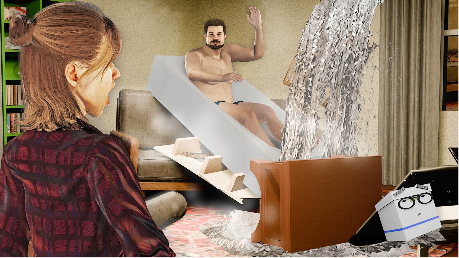 A cel-shaded scene of Alexa looking horrifed as Carl in his bathtub plummets into the Scrumble apartment living room while Doc looks on