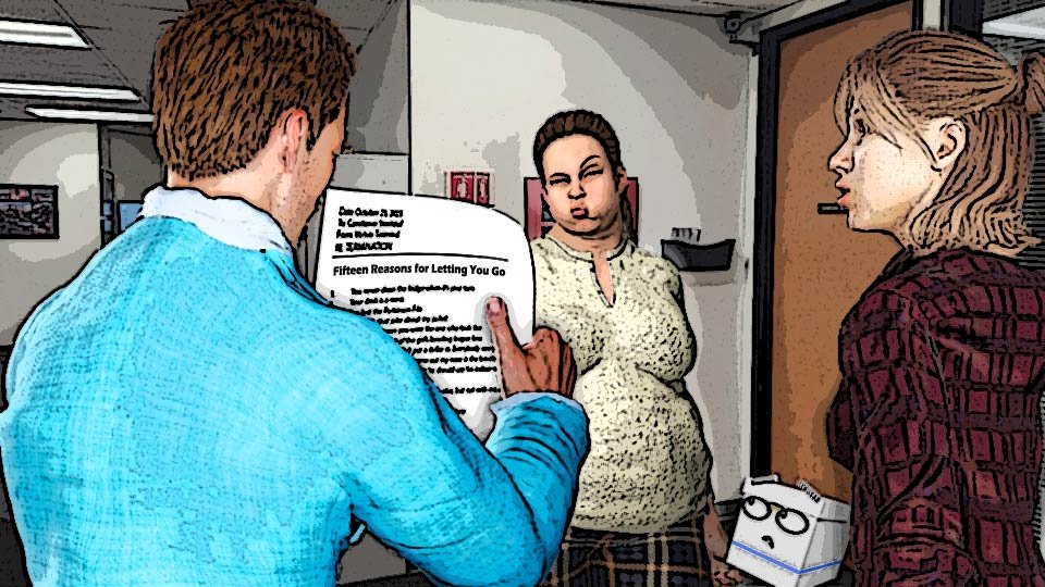A cel-shaded scene of Alexa staring at her boss as he reads a list of trivial reasons for termination to an unimpressed coworker and Doc looks on, by John D Reinhart