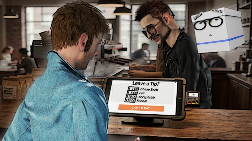 A cel-shaded scene of Marty looking at a coffee-shop tablet suggesting tips between $1 and $25 while Doc looks on