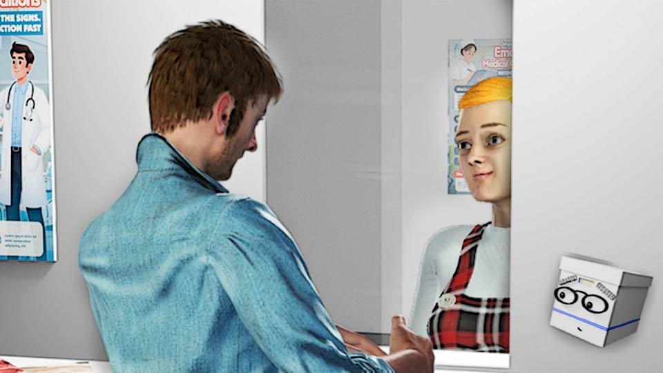 A cel-shaded scene of Marty looking sheepishly at the doctor's receptionist demanding a copay while Doc looks on
