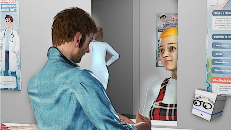 A cel-shaded scene of Marty looking sheepishly at the doctor's receptionist demanding a copay while Doc looks on