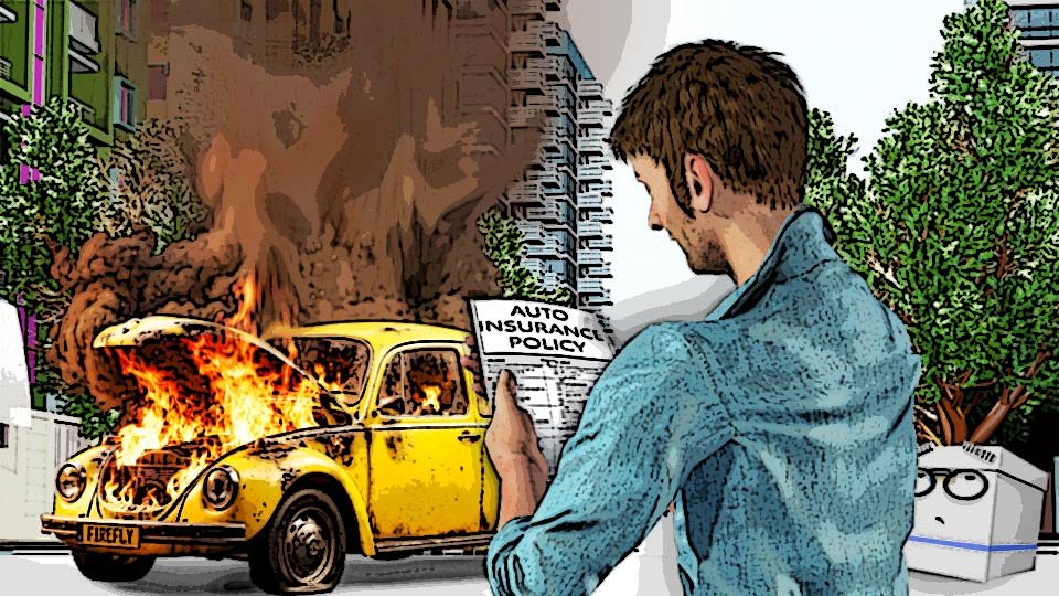 A cel-shaded scene in which Marty scans his insurance documents as his car burns furiously in the background and Doc looks on, by John D Reinhart