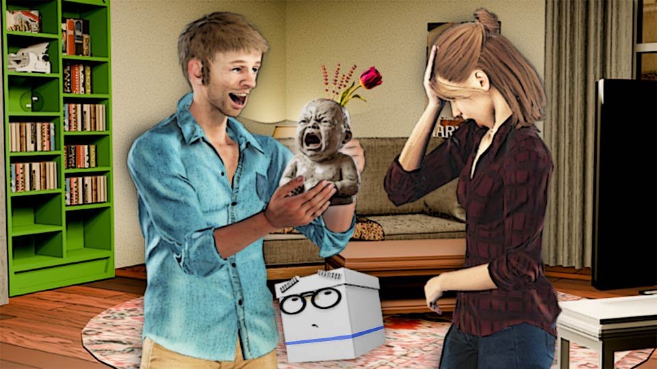 A cel-shaded scene in the Scrumble apartment with Marty enthusiastically presenting a horrifying screaming-baby flower vase to an equally horrified Alex while Doc looks on
