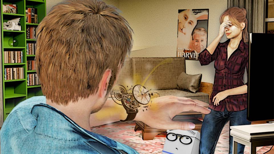 A cel-shaded scene of Alexa looking horrified at Marty's exploding wristwatch in the Scrumble Apartment while Doc looks on
