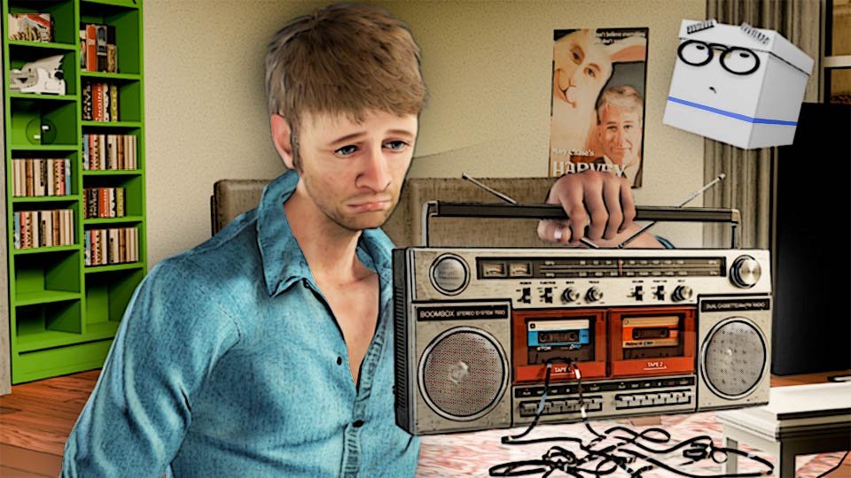 A cel-shaded scene of Marty examining an old and defective cassette boom box in the Scrumble apartment while Doc looks on