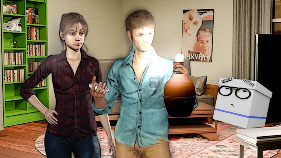 A cel-shaded scene of Marty holding a stopwatch in one hand and an electric light in the other in the Scrumble apartment while Alexa Doc looks on