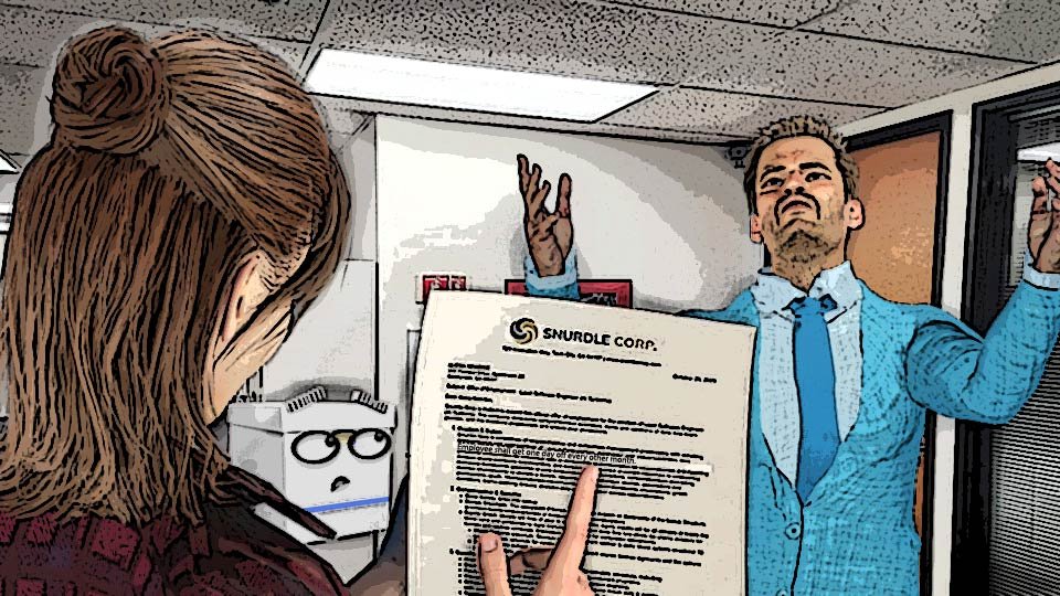 A cel-shaded scene of Alexa pointing to an onerous clause in her offer letter while her new boss throws a tantrum and Doc looks on, by John D Reinhart