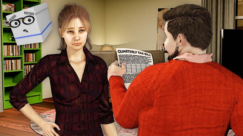 A cel-shaded scene of Alexa staring in dismay at the tax bill Carl presents in the Scrumble apartment while Doc looks on
