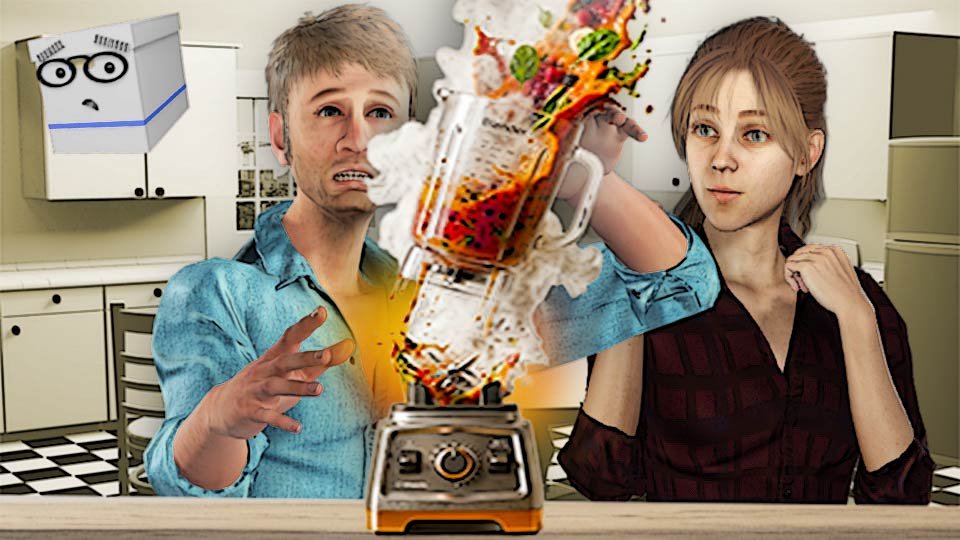 A cel-shaded scene of Marty and Alexa staring in amazement as their blender explodes in the Scrumble kitchen while Doc looks on