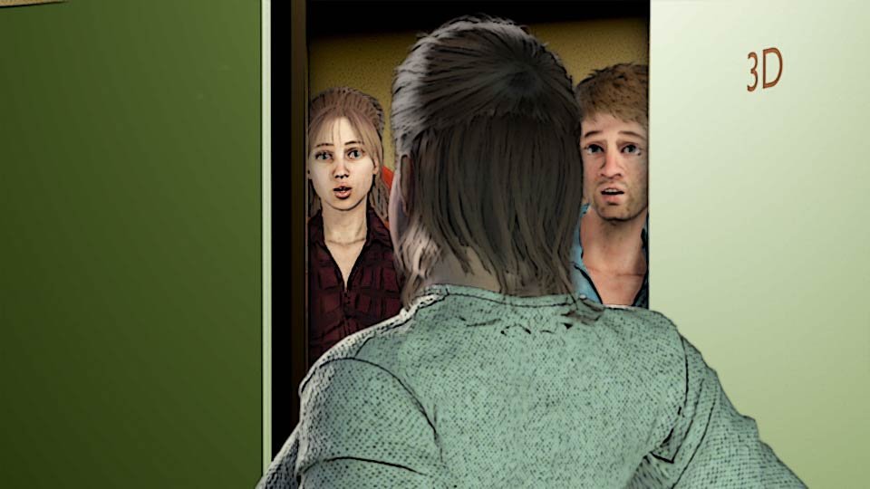 A cel-shaded scene looking over the shoulder of an unexpected guest at the dismayed faces of Alexa and Marty at the door of the Scrumble apartment.