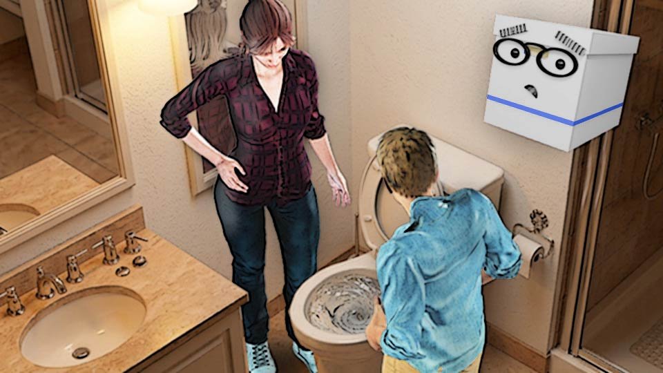 A cel-shaded scene of Alexa and Marty staring helplessly at a furiously swirling toilet in the Scrumble apartment while Doc looks on